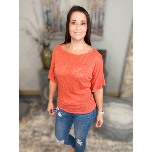 ❤️🔥Boat Neck Short Ruffle Bell Dolman Sleeve Top Coral 0922 - Picture 4 of 14